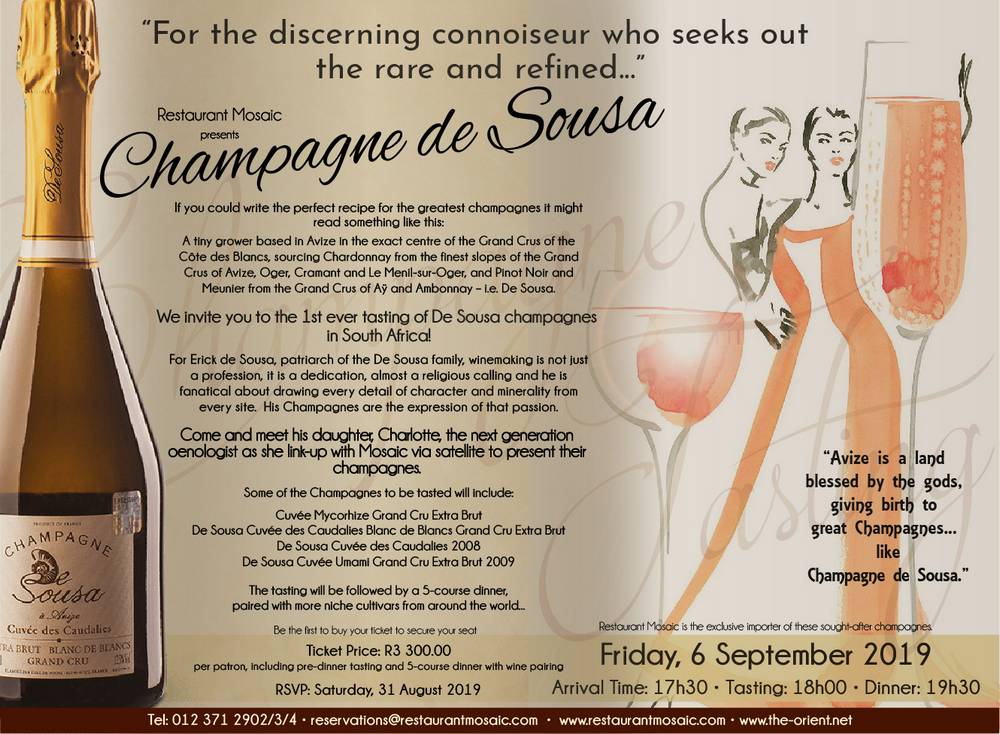 Champagne de Sousa Gourmet Tasting & Dinner - Friday, 6 September 2019